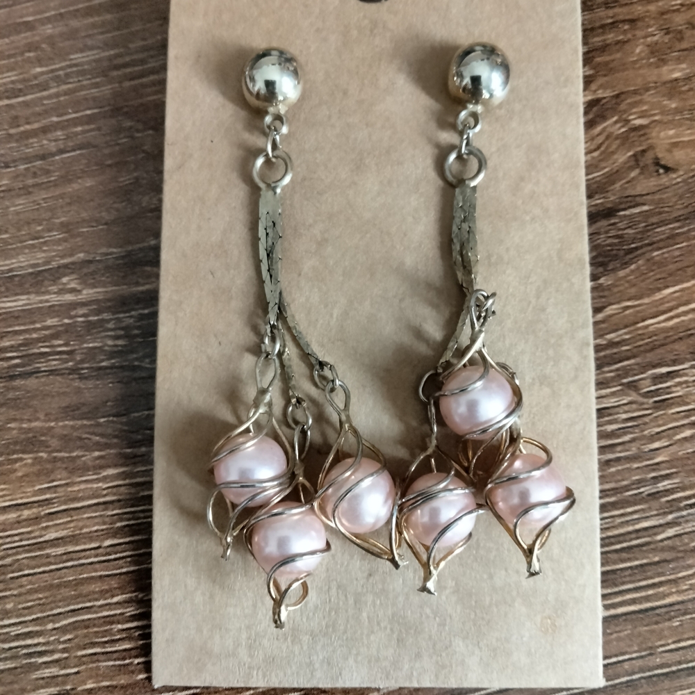Vintage Gold-Tone Wire Wrapped Pink Pearl Drop Earrings